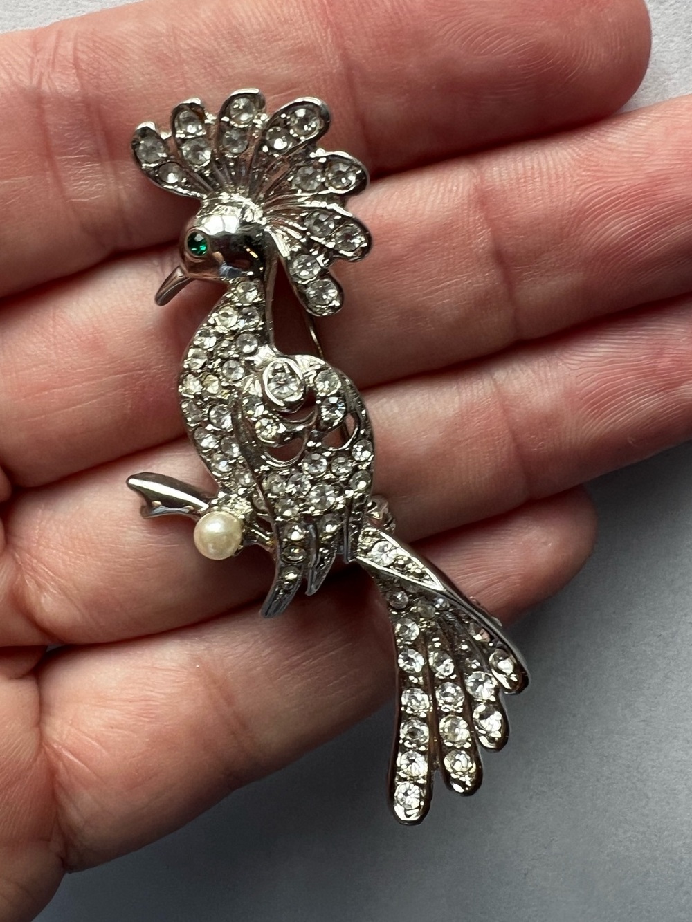 Vtg Peacock Bird Silver Tone Rhinestone Brooch Pin Green Eye & Pearl